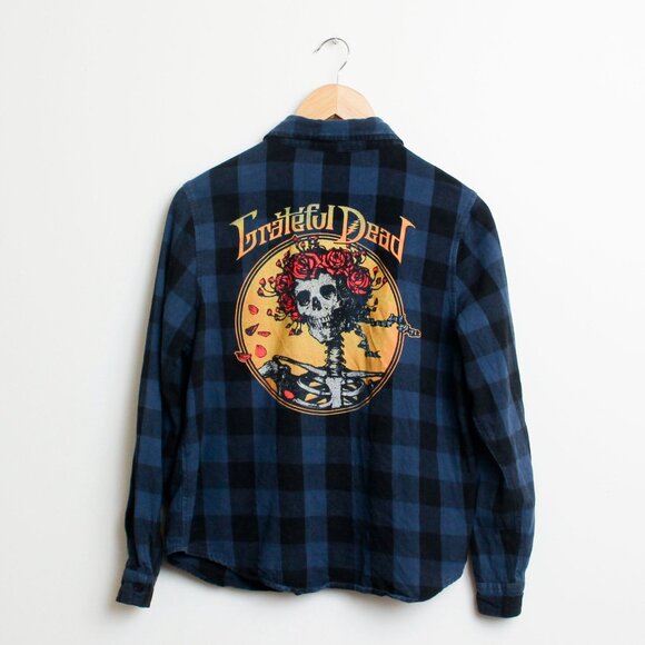 Grateful Dead Flannel Shirt Womens XS Blue Black Checkered Bertha Skull - Picture 1 of 5